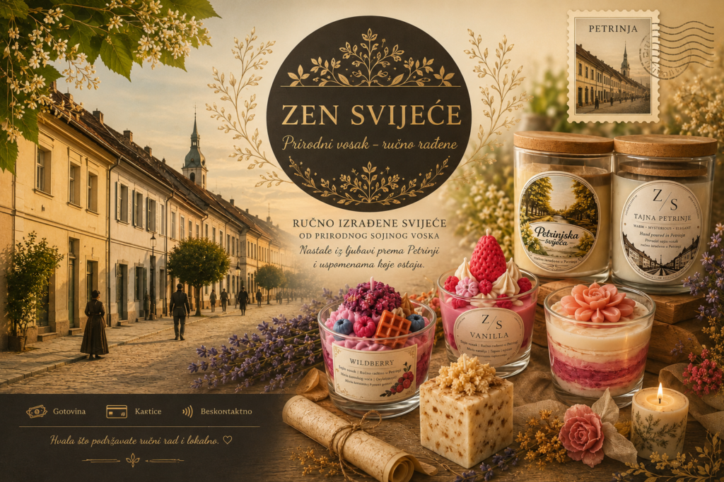 Ručno izrađene sojine svijeće Zen svijeće i razglednica stare Petrinje