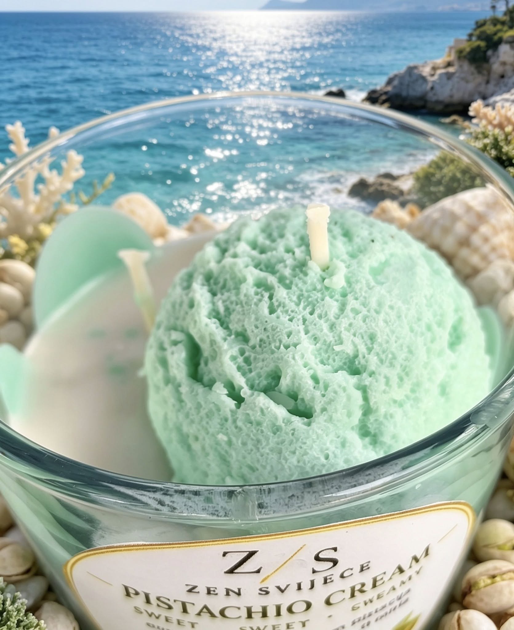 Pistachio Cream mirisna svijeća od sojinog voska s mirisom pistacije i vanilije, ručni rad Zen svijeće